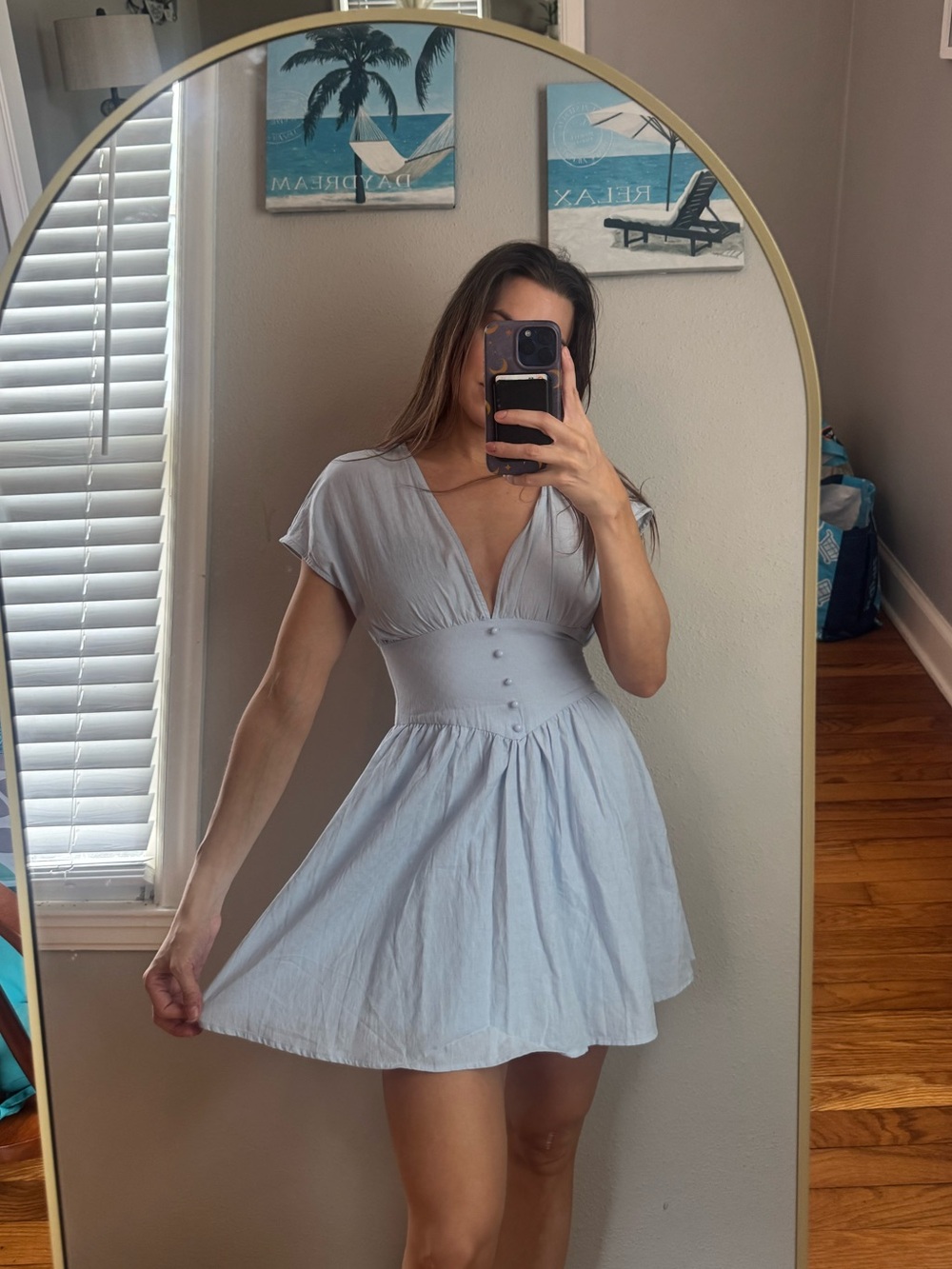 Light Blue V-Neck Buttoned Waist Mini Dress